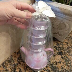 Pottery Barn Kids Mini Purple Metal Tea Set/4 Cups/Saucers, Teapot NEW